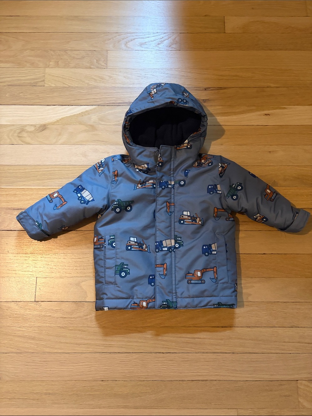 Toddler 2 in 1 Winter Puffer and Fleece Jacket with Construction Print - Blue